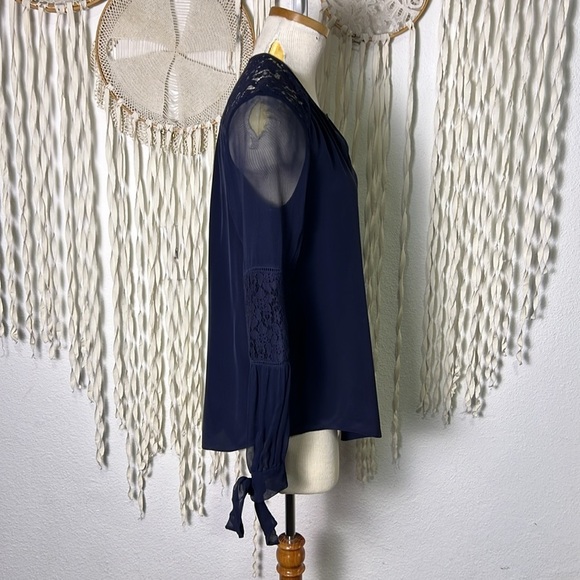 Rebecca Taylor Sara Lace Panel Silk Long Sleeve Blouse Ties at Cuff size 2 Navy - Picture 9 of 12